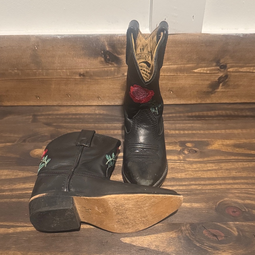 Kids Black Embroidered Boots